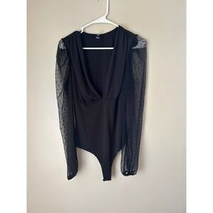 Vintage Y2K Windsor Black Bodysuit Plunge Neck Sheer Polka Dot Sleeve Whimsigoth